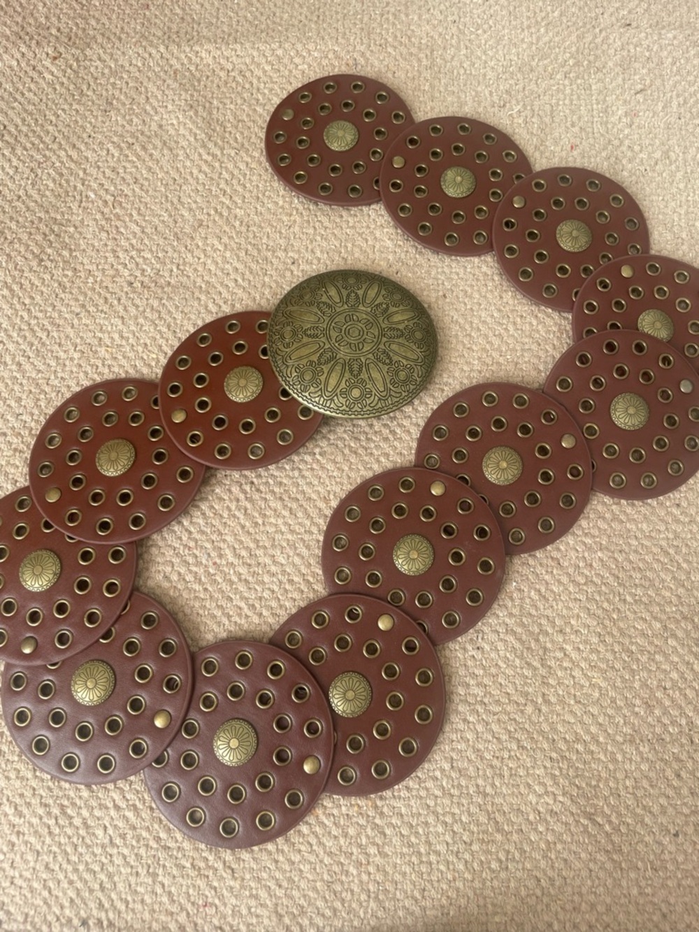 Round Grommet Medallion Waist Belt in Brown with Antique Brass Accents